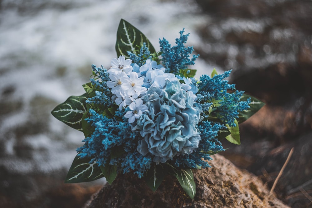 green and blue petaled flower bouquet