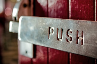 a close up of a metal sign on a red door