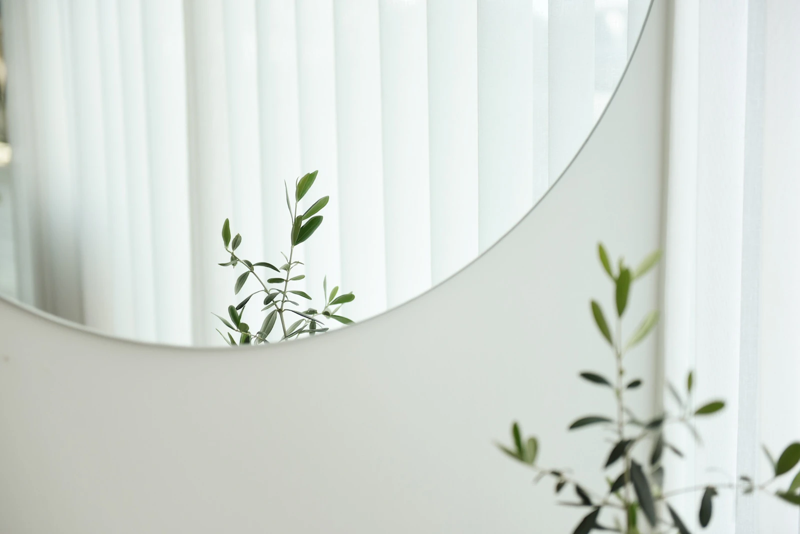 Grand miroir rond décoratif reflétant une plante dans un intérieur lumineux