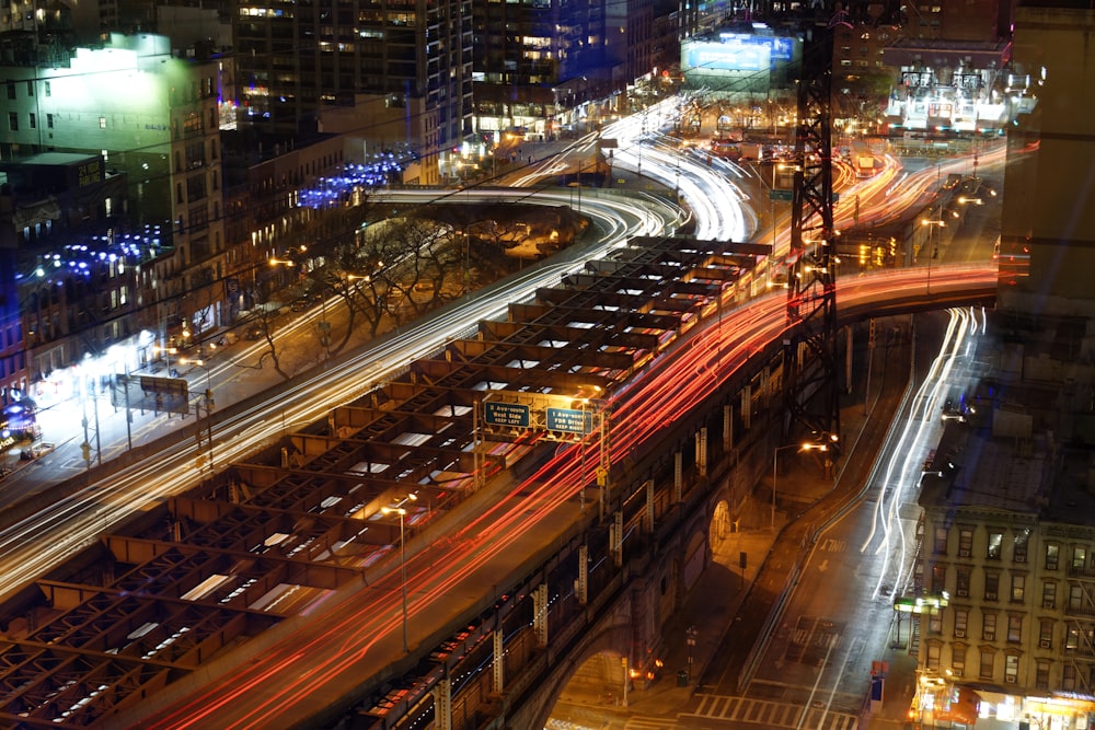 aerial view of roadway bridge during night time