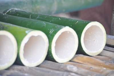 Several hollow green bamboo stalks are laid out horizontally on a wooden surface, each showing a cross-section of their interior.