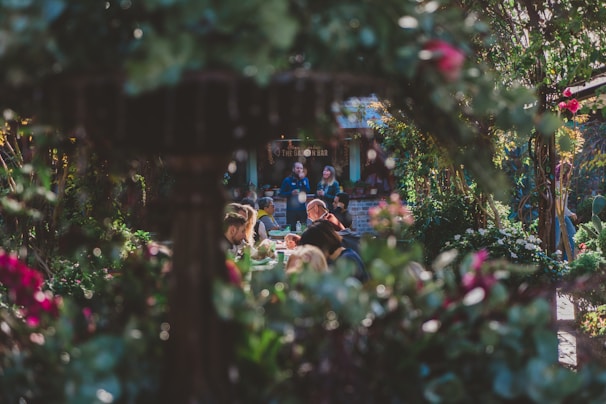 A group of members enjoying a sunny afternoon in the community garden area surrounded by lush greenery.