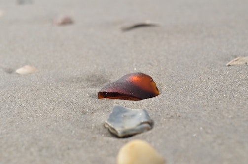 Close-up of vibrant cobalt blue sea glass resting on black volcanic sand.
