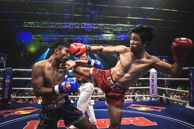 A fighter delivering a powerful kick during a lively MMA match