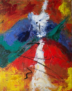 A vibrant abstract painting with bold strokes of red, blue, and gold on a clean white background