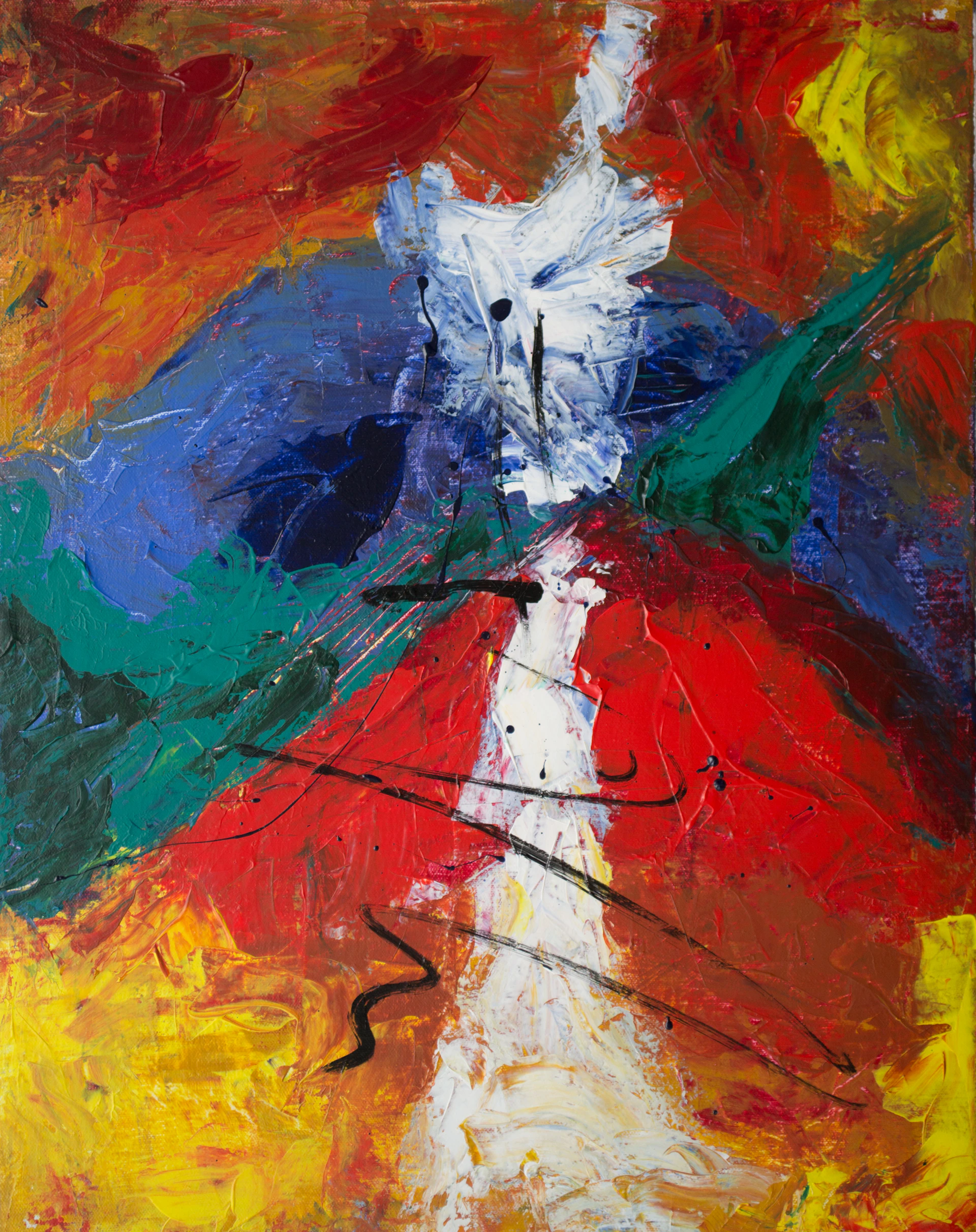 A vibrant painting featuring bold brushstrokes and rich colors, capturing an abstract landscape.