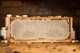 A wooden frame containing honeycomb filled with honey is placed on a wooden surface. Behind the frame, several jars can be seen, likely filled with honey. The background consists of a rustic brick wall.