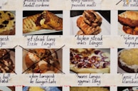 A collage of various food images featuring different types of pastries and dishes, each with handwritten labels describing the contents. Some labels and items are crossed out with lines. The dishes appear to be hearty, savory foods with ingredients such as meat, onions, and cheese.