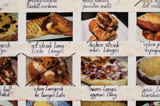 Graphic showing a chaotic meal plan with crossed-out options and question marks.