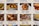 A collage of various food images featuring different types of pastries and dishes, each with handwritten labels describing the contents. Some labels and items are crossed out with lines. The dishes appear to be hearty, savory foods with ingredients such as meat, onions, and cheese.