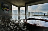 The image depicts an abandoned and dilapidated structure with large open windows. The concrete floor is wet with puddles reflecting the surroundings, including the skeletal graffiti on the wall. In the background, there's a fence separating the structure from the landscape outside, which features mountains and trees under a cloudy sky.