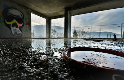 The image depicts an abandoned and dilapidated structure with large open windows. The concrete floor is wet with puddles reflecting the surroundings, including the skeletal graffiti on the wall. In the background, there's a fence separating the structure from the landscape outside, which features mountains and trees under a cloudy sky.