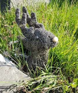 A sculpture made of intricately woven wire in the shape of a small animal, possibly a deer or rabbit, with prominent ears and eyes. It is placed among tall green grass with shadows indicating a sunny day.