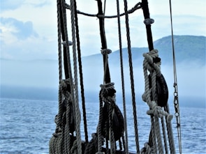 Various marine equipment including ropes and pulleys neatly displayed.