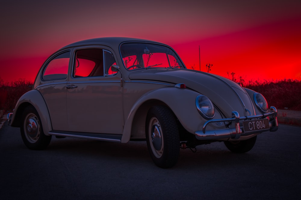 Volkswagen Beetle blanco en la carretera