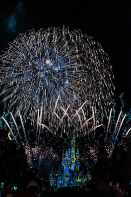 Vibrant photo of Hong Kong Disneyland castle lit up at night with fireworks
