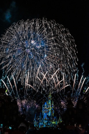 A magical nighttime fireworks display over Disney's castle, illuminating the sky with vibrant colors and wonder.