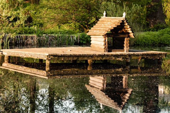 A wooden platform is situated on a tranquil pond, reflecting in the still water. Atop the platform is a small, rustic hut with a slanted roof, framed by lush greenery and wild plants along the pond's edge. Two birds are perched on the roof, adding a touch of life to the peaceful scene.