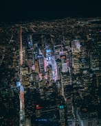 An aerial view of a bustling city with technology.