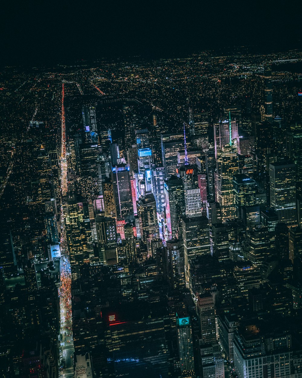 aerial view of city buildings during night time