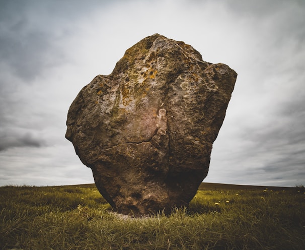 brown rock formation surrounded by green grass