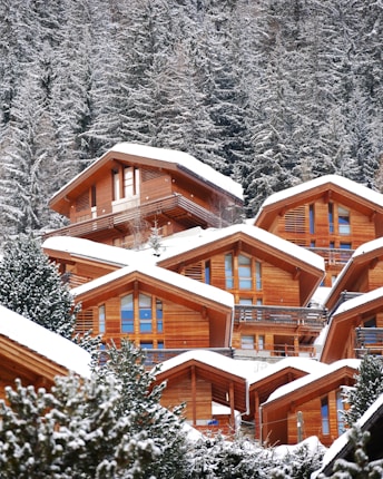 Wooden chalets with triangular roofs are nestled on a snowy hillside, surrounded by a dense forest of snow-dusted evergreen trees.