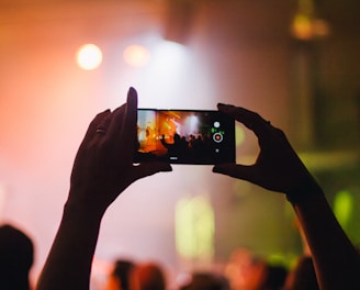 person holding smartphone while taking videos at live concert