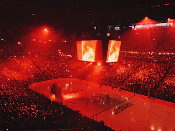 A packed arena with fans waving flags at a hockey game.