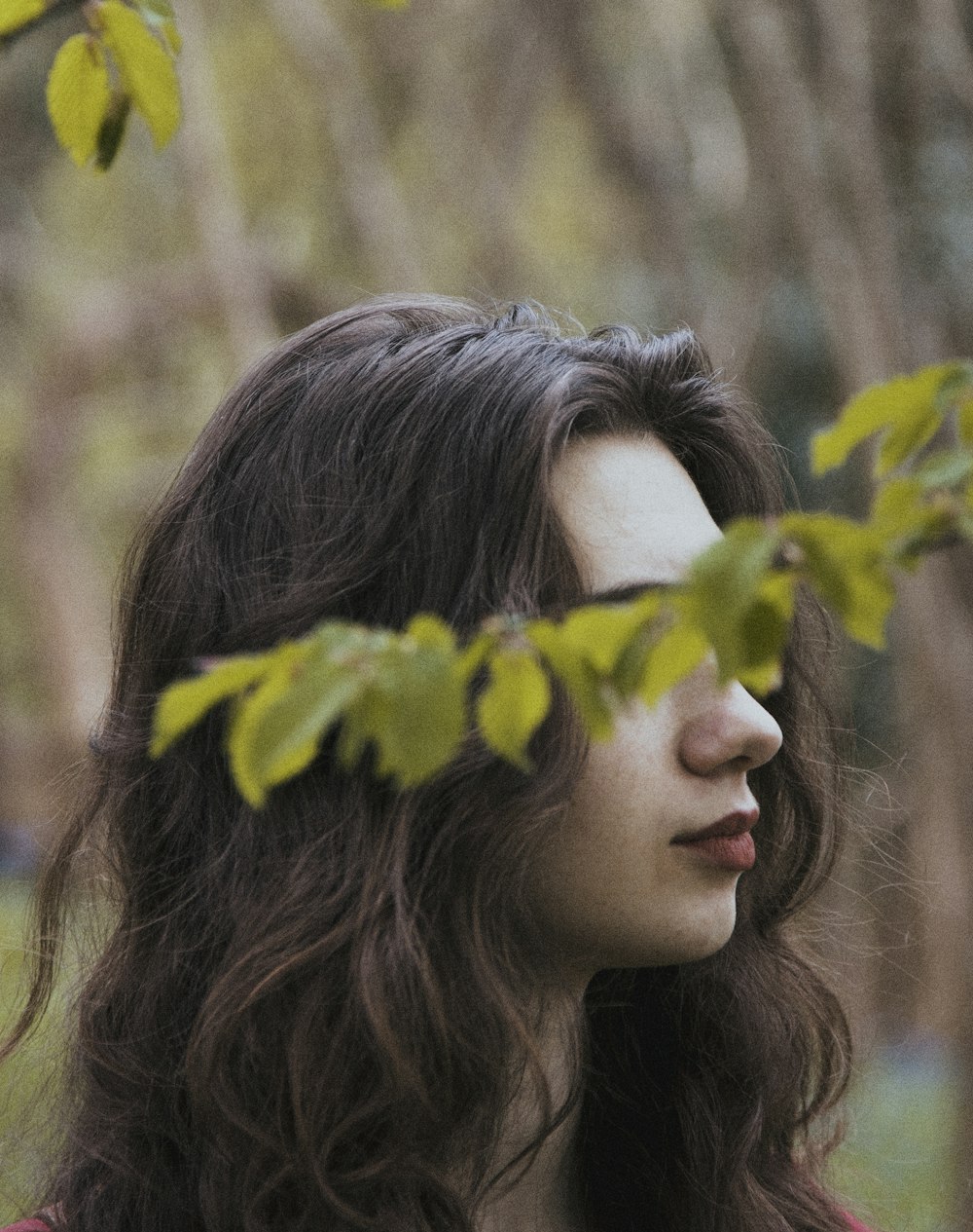 woman's eyes covered by green leaves