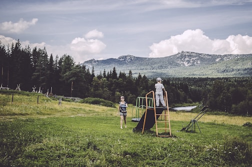 A scenic landscape featuring a grassy field with children playing on a playground slide. Dense forests and mountains provide a picturesque background under a partly cloudy sky.