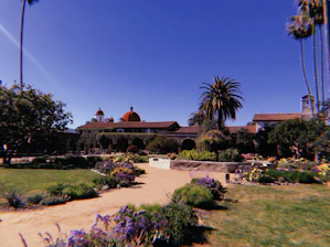 A beautifully landscaped garden in Riyadh with lush greenery and vibrant flowers under a clear blue sky.