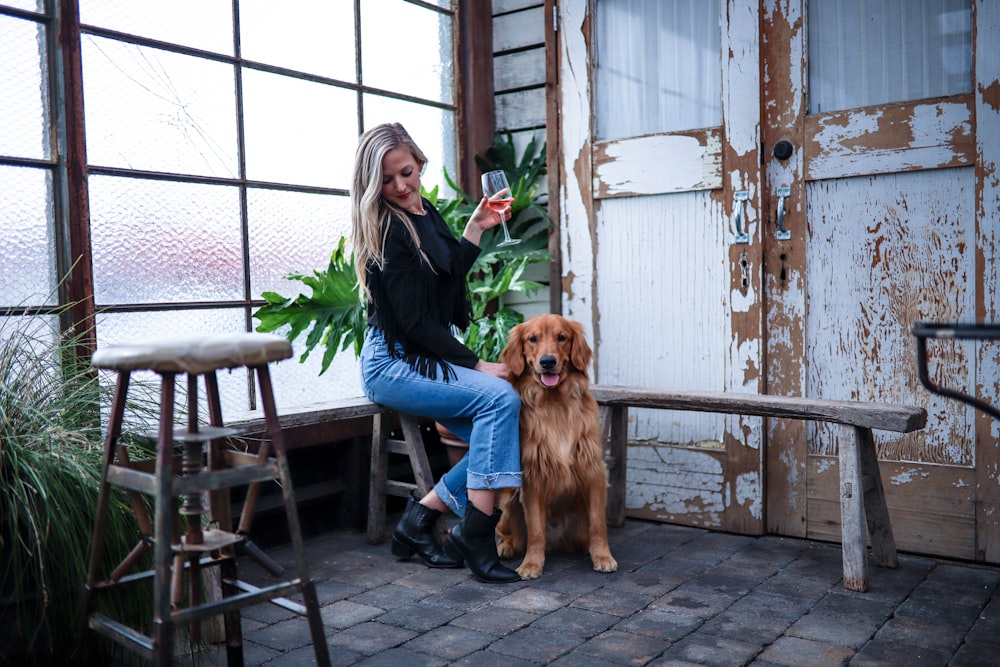 Mujer sentada silla al lado del perro