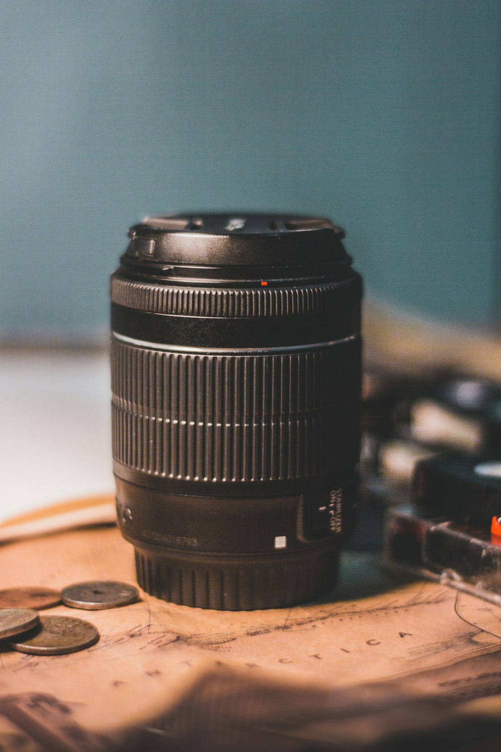 DSLR camera lens on table