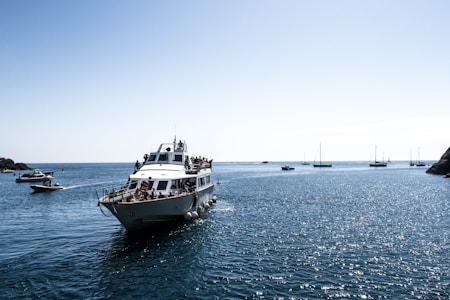 A large white boat with multiple decks is crowded with people, navigating through a vast body of water under a cloudless sky. Several smaller boats and yachts are scattered across the calm blue sea in the background, with sunlight sparkling on the water's surface.