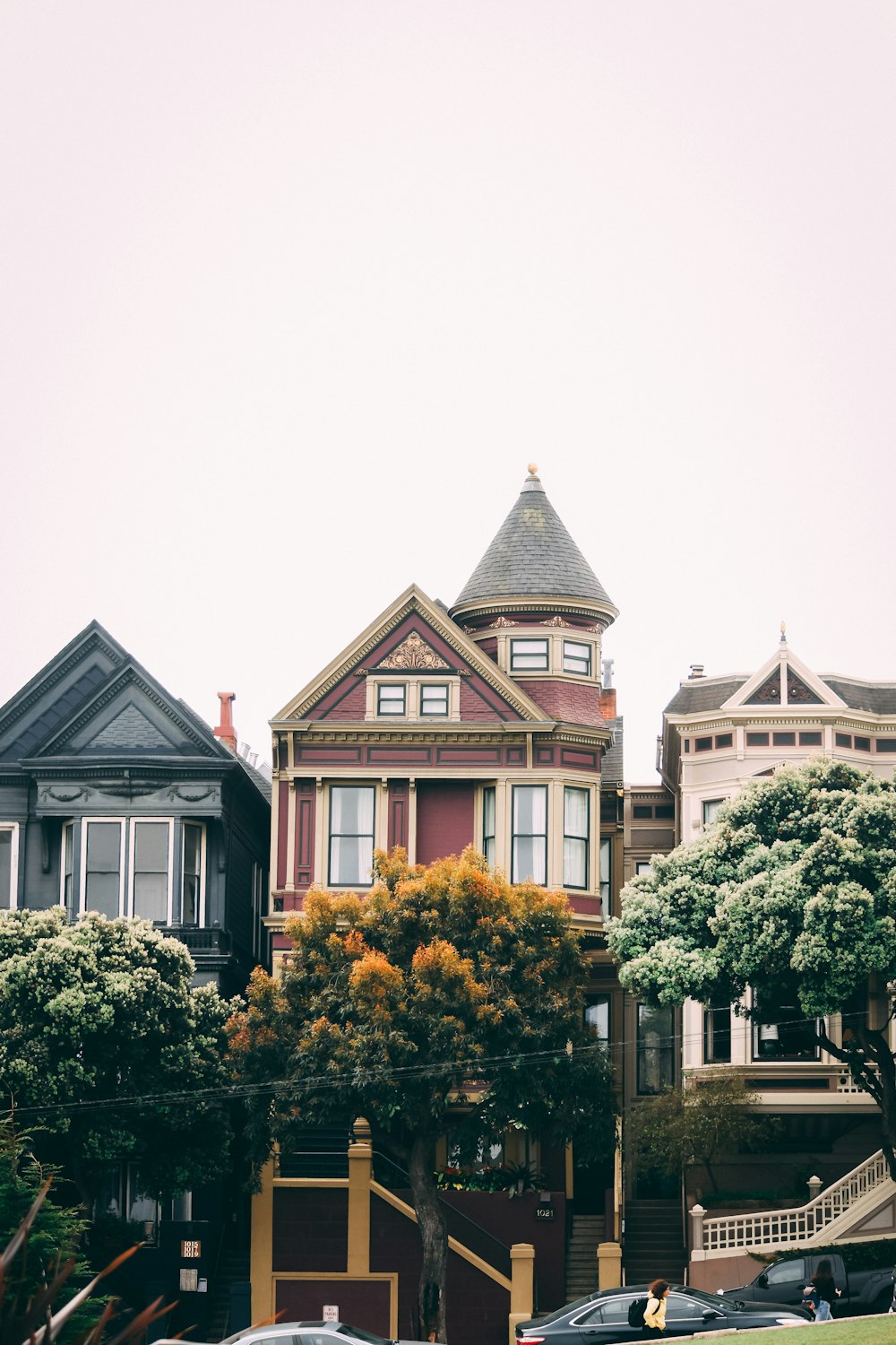 trees in front of concrete houses