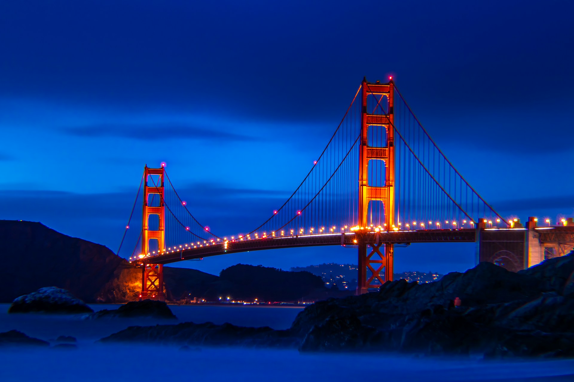 Golden Gate bridge with lights turn on