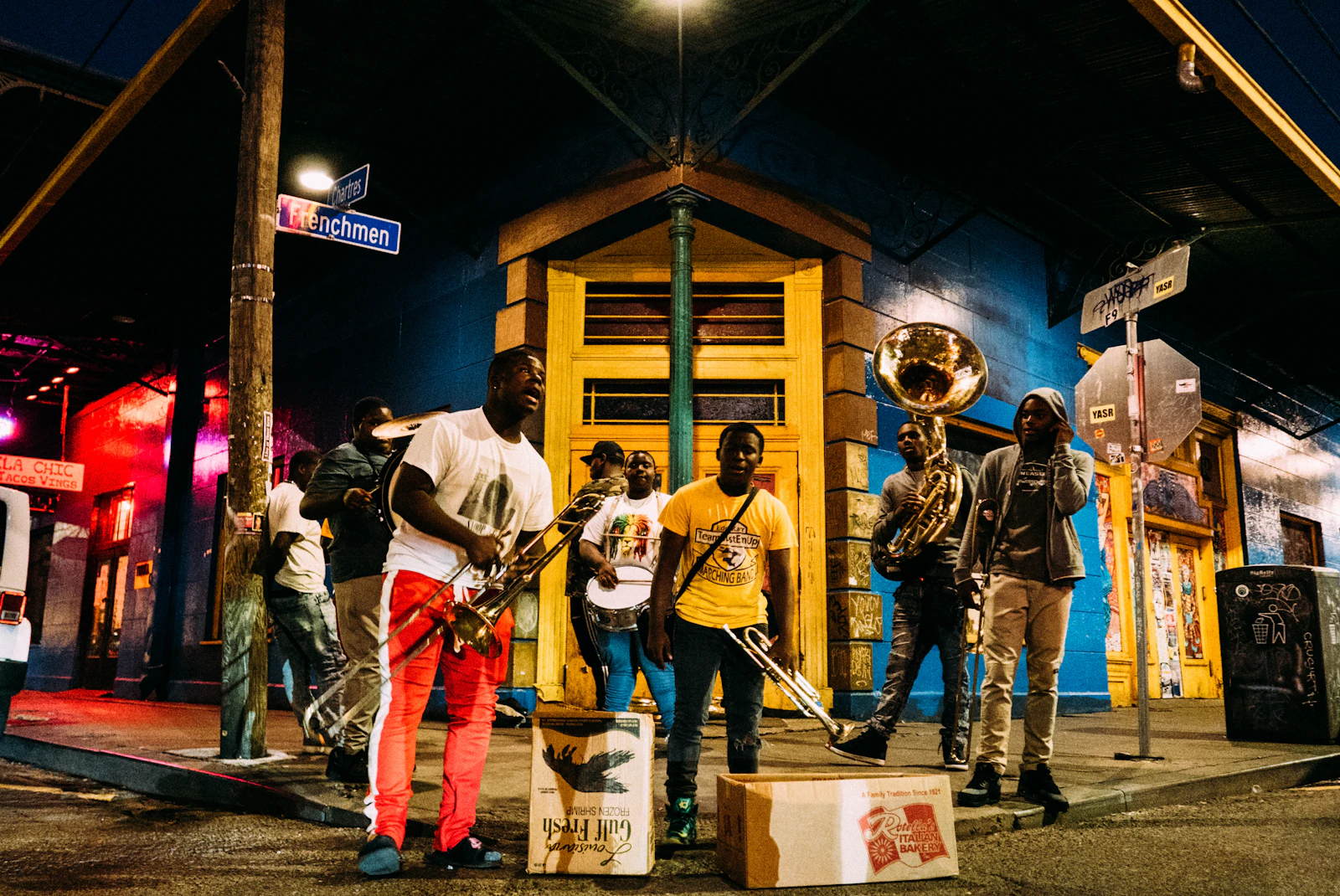 A colorful street scene in a New Orleans neighborhood