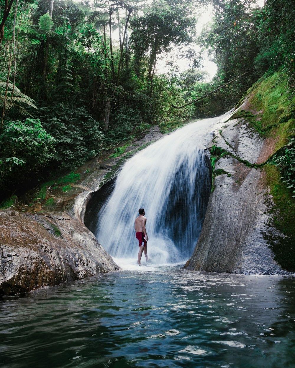 man standing in front of waterfall