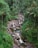 A lush tropical forest surrounds a rocky stream with clear, flowing water. Large boulders dot the waterway, and a few people can be seen relaxing on the rocks, enjoying the natural setting. Tall trees and dense greenery create a vibrant, serene atmosphere.