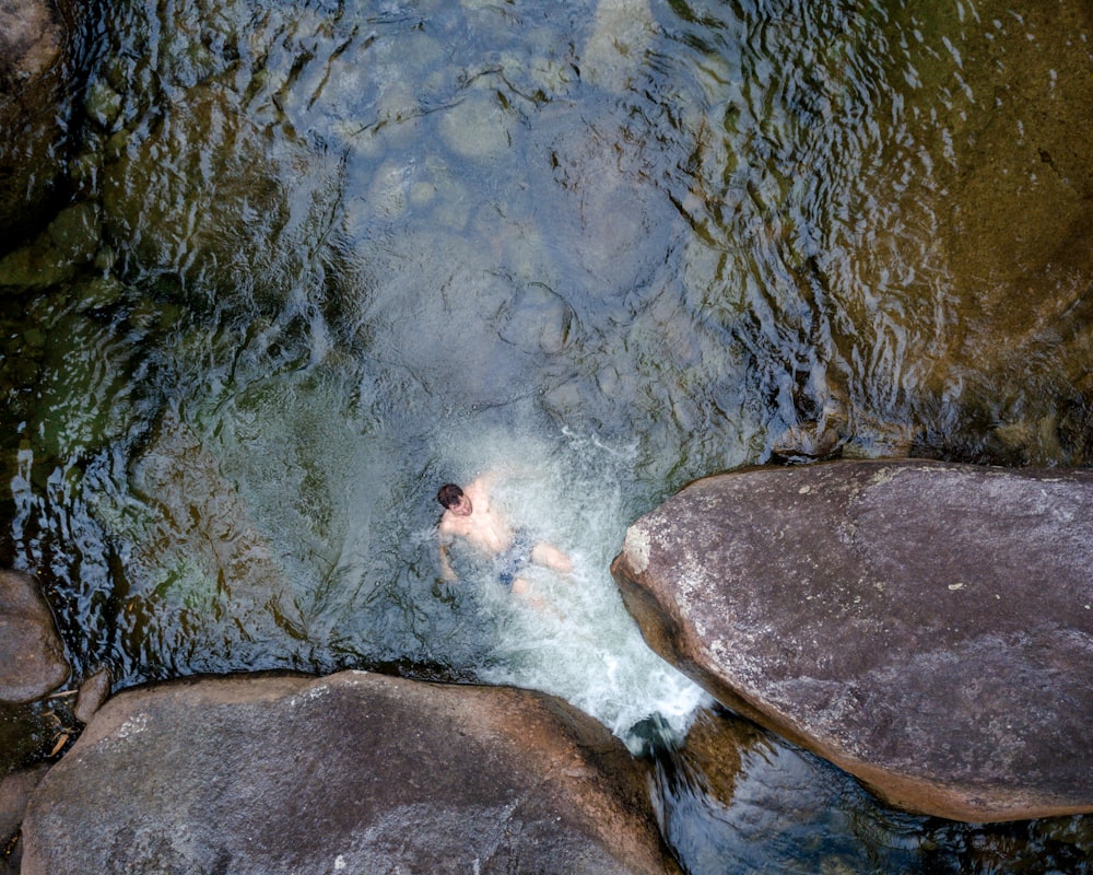 bird's eye view of man floating on body of water