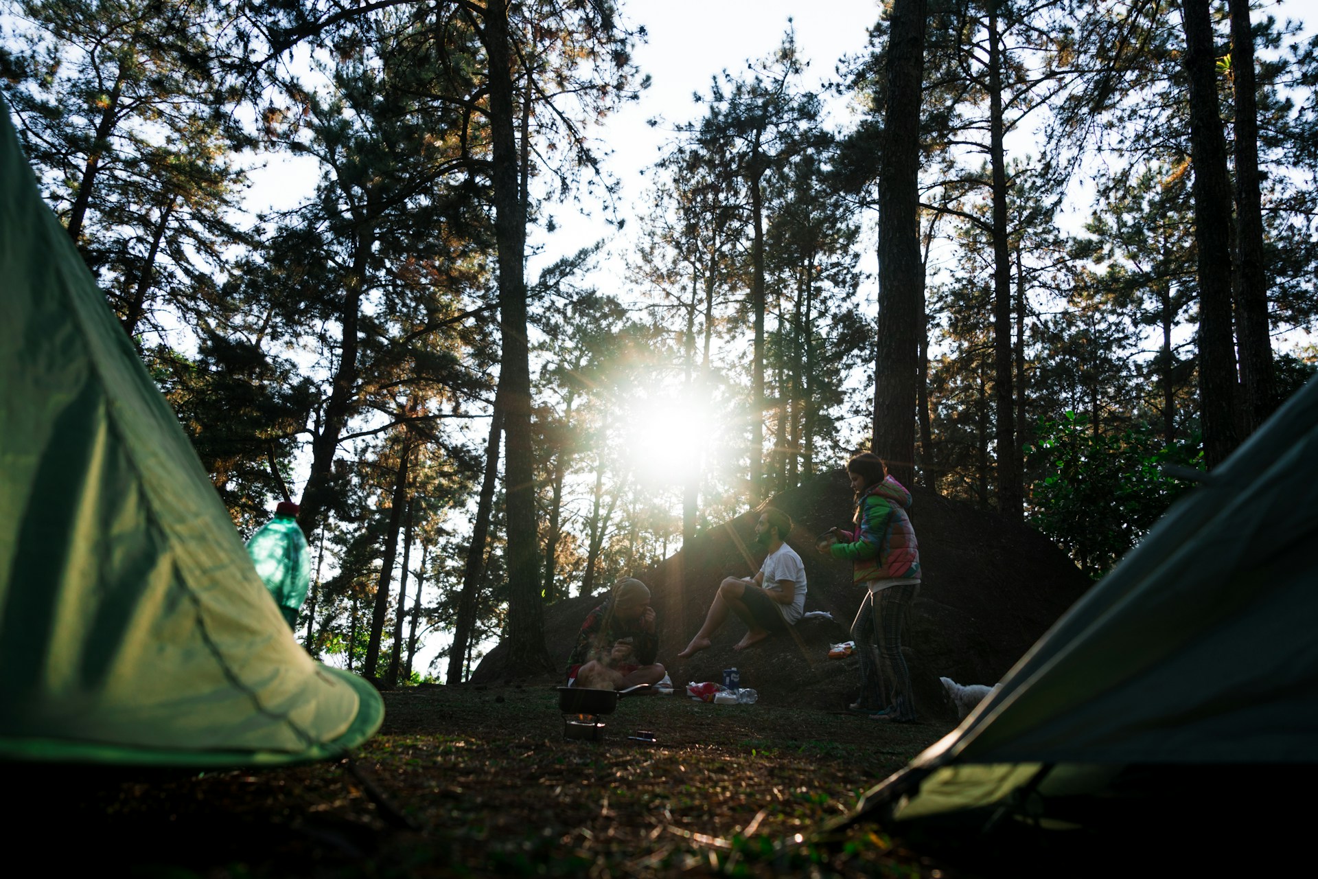 A group of people enjoying a camping trip in a forest clearing during sunset.