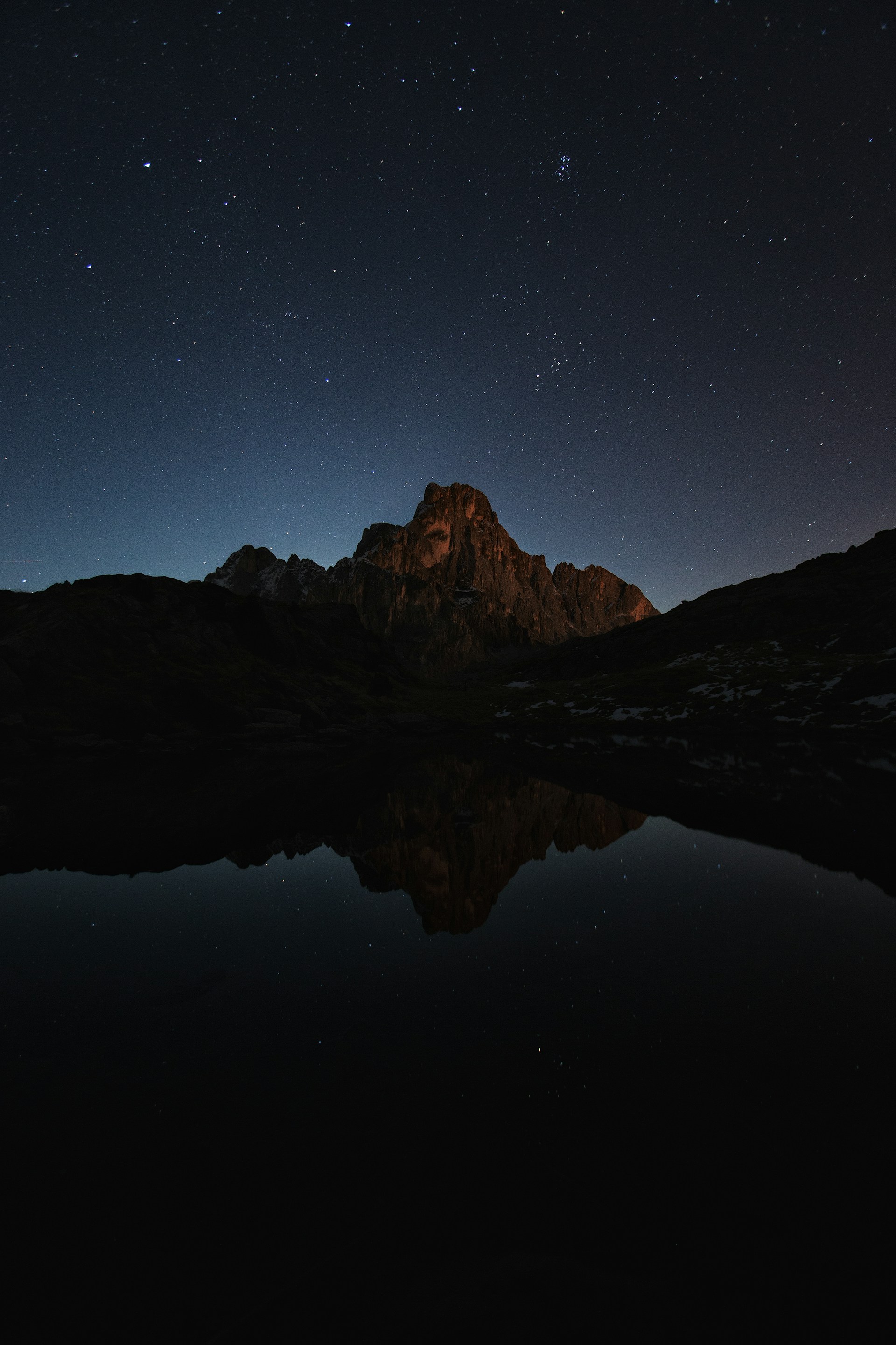 lake near mountain during night