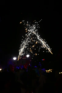 A family gathered in a backyard, watching fountains and roman candles light up the evening.