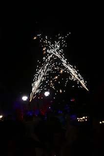 Fireworks lighting up a dark sky above a festive crowd celebrating