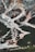 A dramatic landscape featuring rugged, steep mountains with striking white and orange mineral deposits. Dark green forests cover the lower parts of the scene, contrasting sharply with the rocky terrain. The patterns formed by the mineral deposits create a visually intriguing texture.