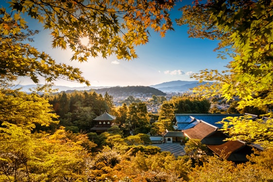 A candid photo of a couple capturing a sunset over a serene Japanese temple garden.