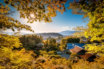 A serene landscape featuring a traditional Japanese temple surrounded by lush, vibrant foliage at sunset. The sun peeks through the leaves, illuminating the scene with a warm, golden glow. In the background, rolling hills and a distant cityscape are visible under a clear blue sky.