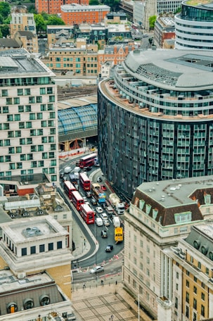 photo of high-rise buildings and traffic. implying traffic online and PPC