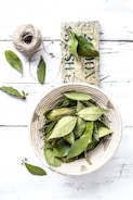 green leaves inside a bowl with ball of string beside