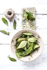 green leaves inside a bowl with ball of string beside